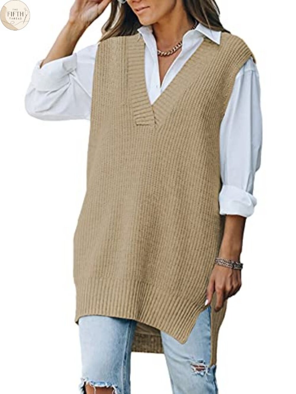 Oversized V Neck Knit Sweater Vest Tunic Sleeveless Pullover Top